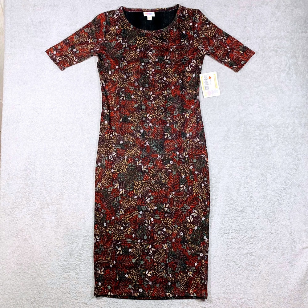 LuLaRoe Julia Sheath Dress Womens XXS Multi-Color Botanical Print Mid-Sleeve